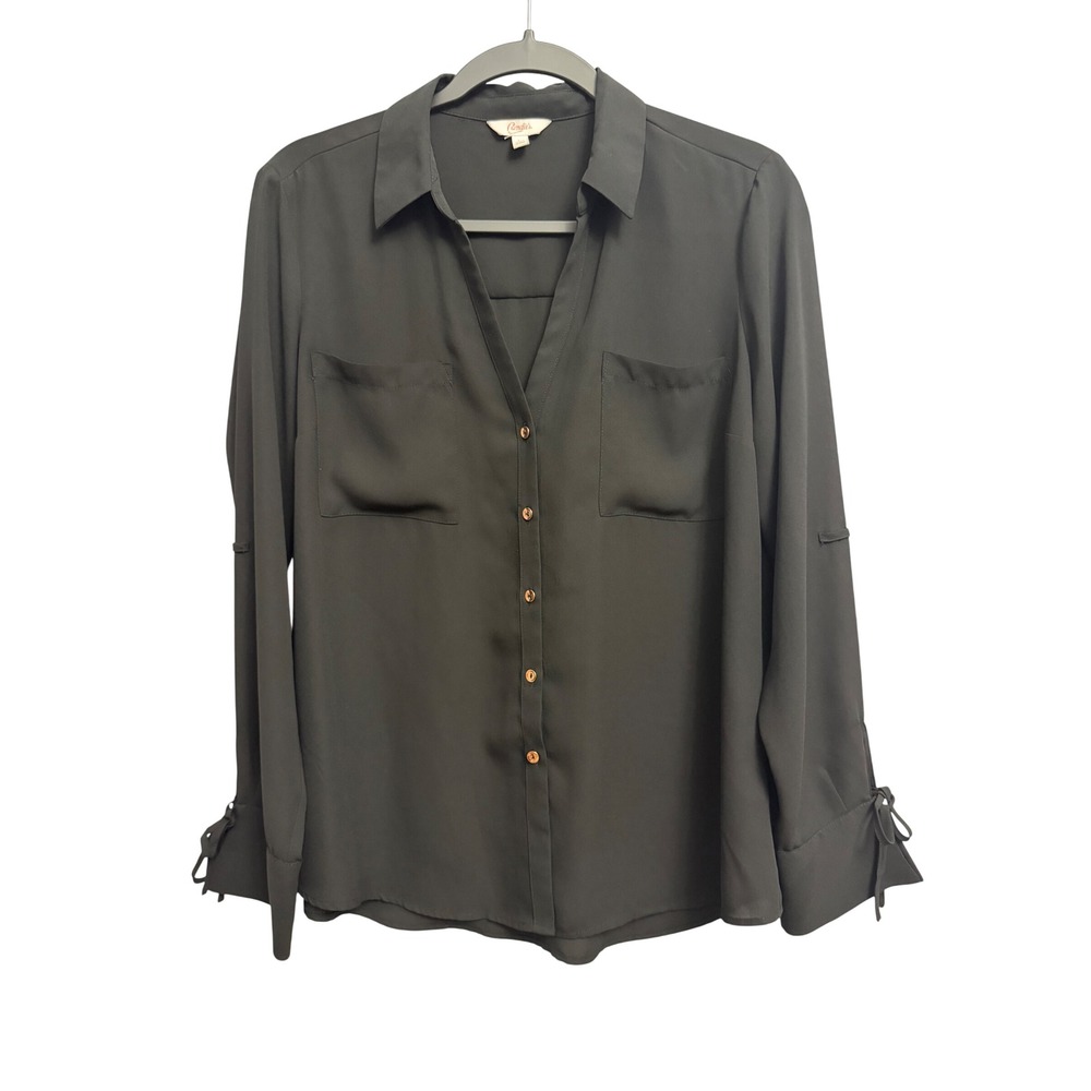 Candies Black Roll Tab Sleeve Button Down Blouse Rose Gold Buttons Large Flaw